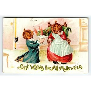 Vintage 1918 Halloween Postcard Fantasy Pumpkin Heads & Black Cat Divided Back